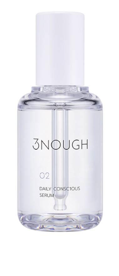 白いキャップの透明な3NOUGH「Daily Conscious Serum」55mlボトル。中にスポイト管が見え、グレーの文字で「3NOUGH」「02」「DAILY CONSC1OUS SERUM」。白背景。