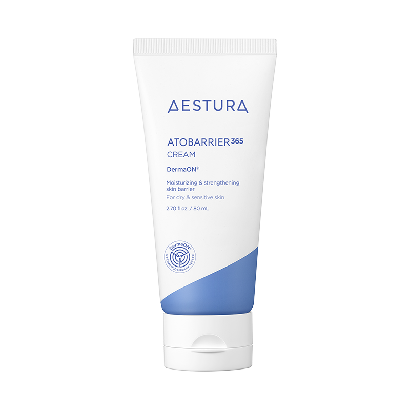 白背景にキャップを下にして立つ、AESTURA「ATOBARRIER365 CREAM」80mLの白いチューブ。キャップ付近に青紫の斜めの帯。