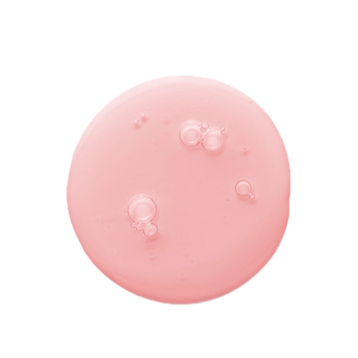 Una muestra redonda de sérum rosa translúcido con algunas burbujas pequeñas, sobre fondo blanco.