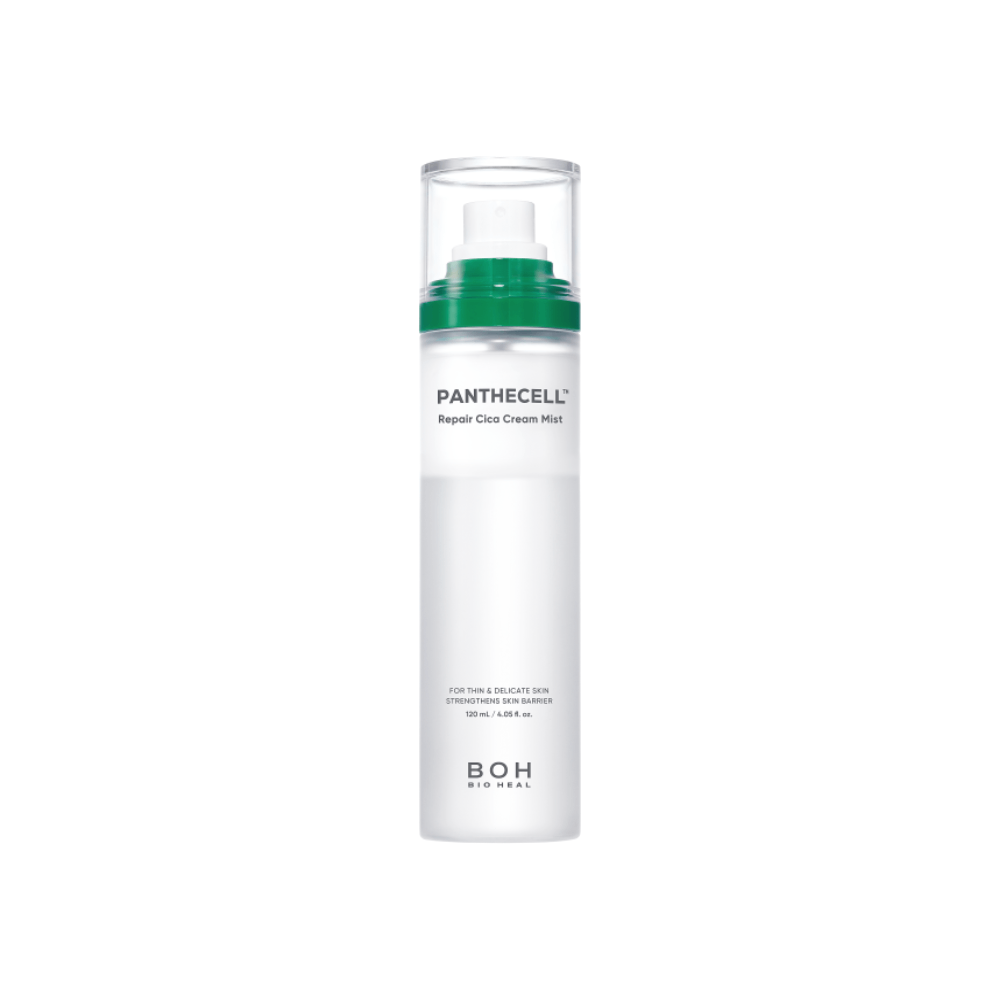 白色背景上 BIOHEAL BOH「Panthecell Repair Cica Cream Mist」的正面，細長霧白噴瓶，綠色瓶頸環與透明蓋。
