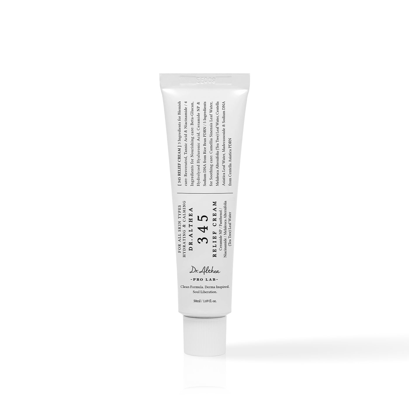 Tubo blanco de Dr.Althea 345 Relief Cream, 50 ml, de pie sobre su tapón blanco, con letras negras con serifa y un gran «345», sobre fondo blanco.