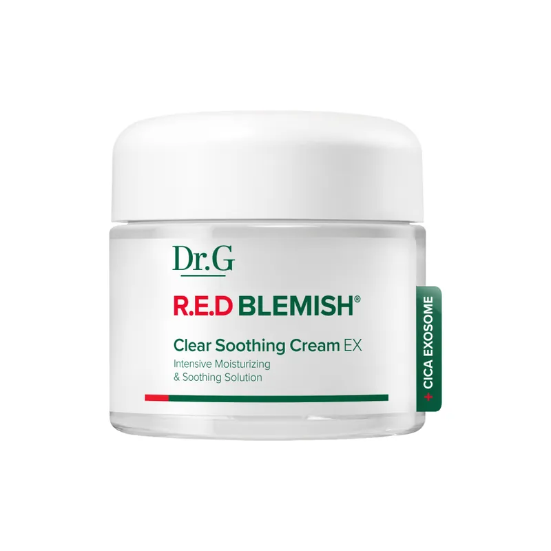 A clear round jar with a white domed lid and white inner label reading 'Dr.G', 'R.E.D BLEMISH' in red and green and 'Clear Soothing Cream EX', with a green side tab reading '+ CICA EXOSOME', on a plain white background.