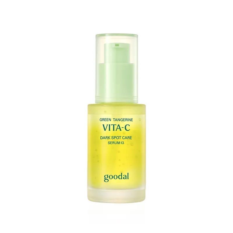 Frasco dosificador amarillo y transparente de goodal con tapa verde claro, sobre fondo blanco