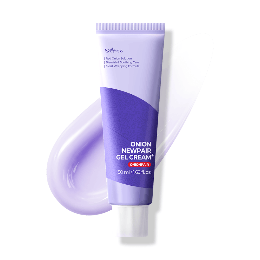紫色 Isntree「ONION NEWPAIR GEL CREAM+」50ml 軟管，立在一大抹淡薰衣草色凝膠霜前。