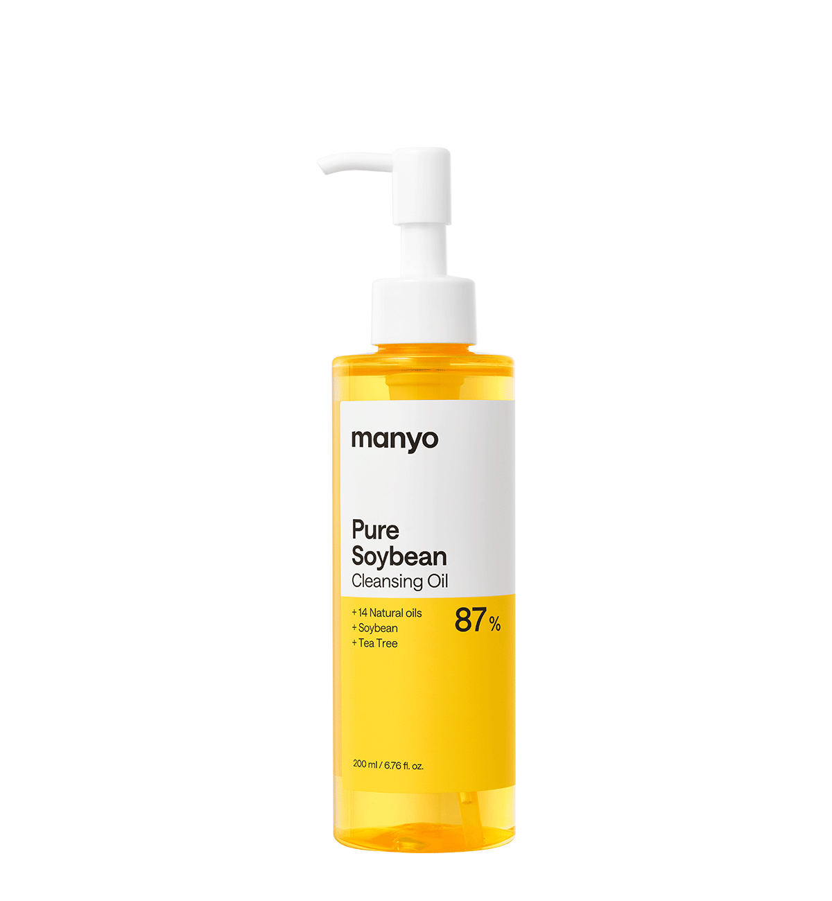 黒背景の中央に立つ、黄金色のオイルが入った manyo「Pure Soybean Cleansing Oil」の透明ポンプボトル。ラベルは白と黄色。