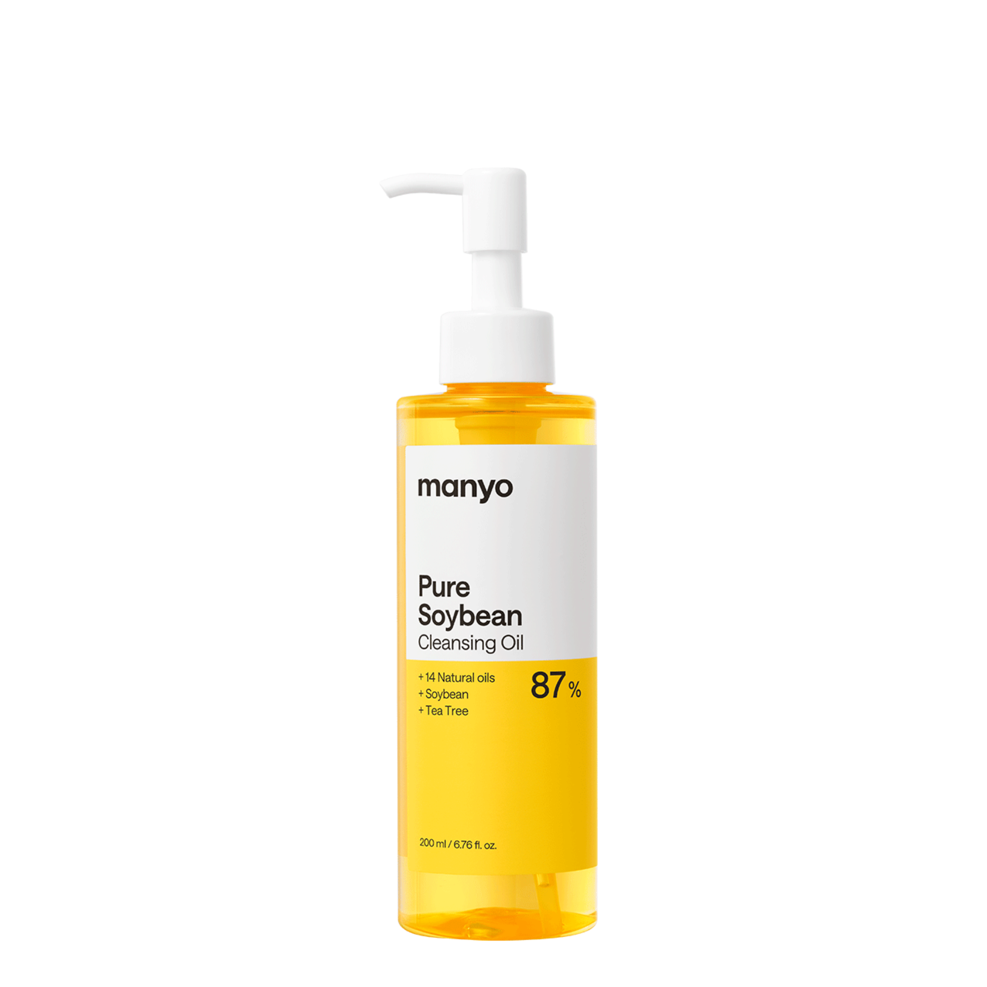 白背景に置かれた、黄金色のオイルが入った manyo「Pure Soybean Cleansing Oil」200mlの透明なポンプボトルの正面。上部は白、下部は黄色のラベルで「87%」と印字。