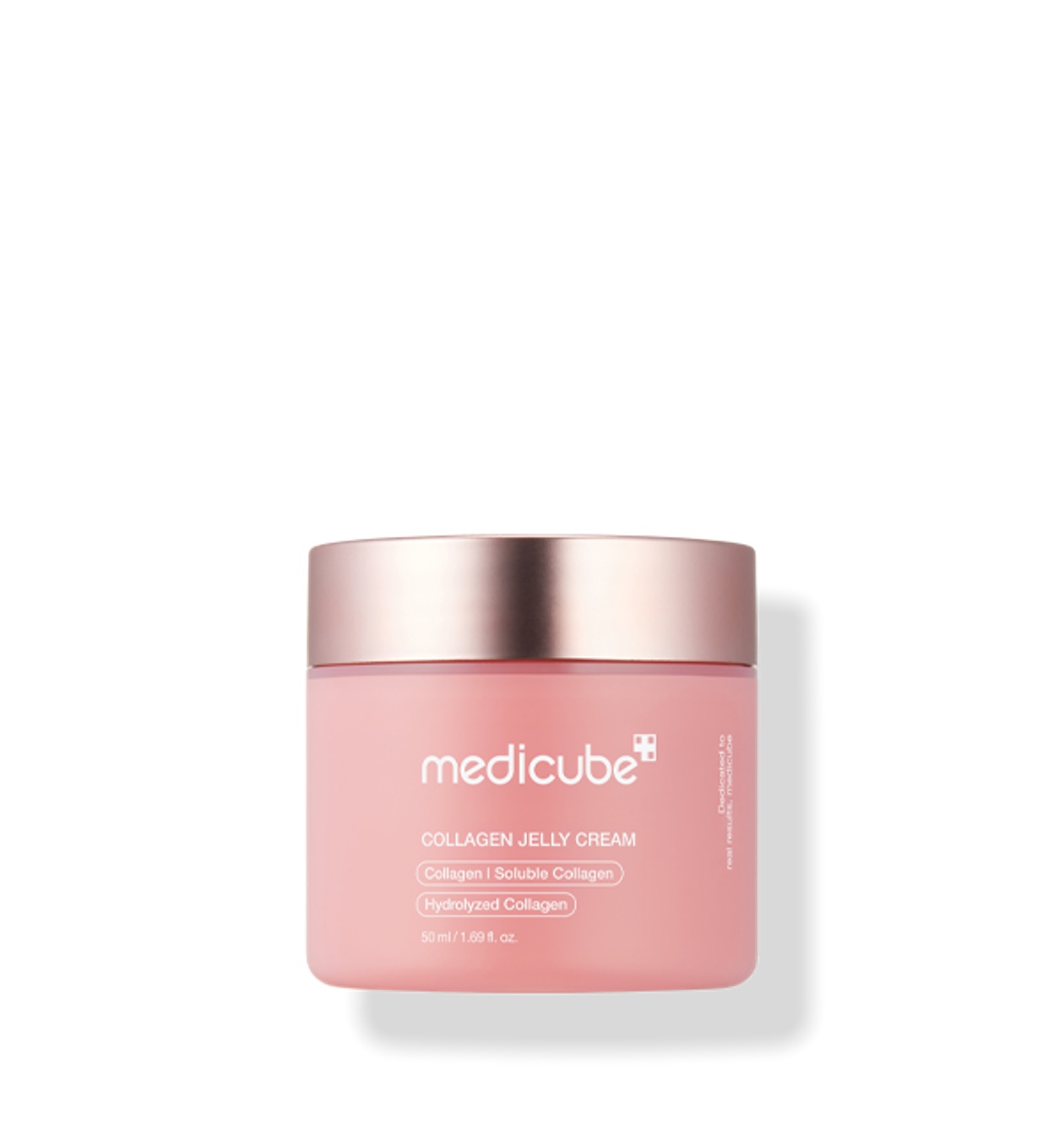 Tarro rosa cerrado de medicube Collagen Jelly Cream, 50 ml, con tapa oro rosa, sobre fondo blanco.