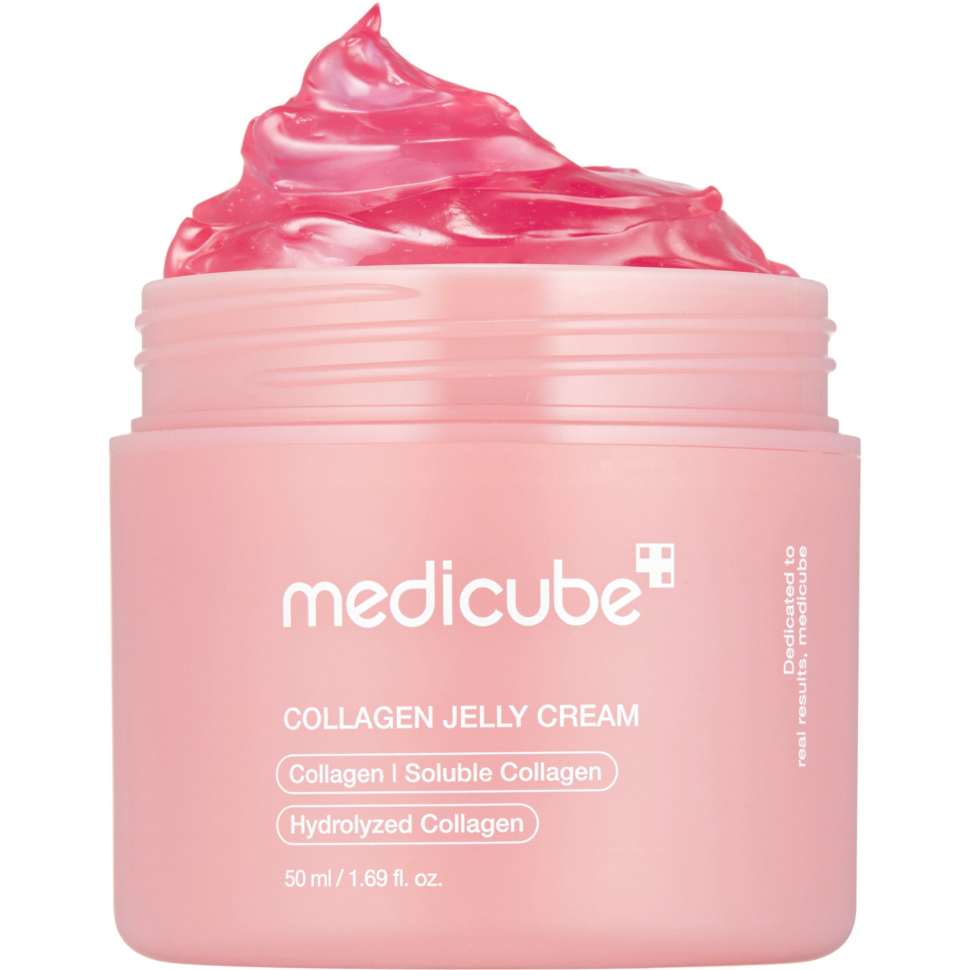 Tarro rosa abierto de medicube Collagen Jelly Cream, 50 ml, lleno de un remolino de crema gelatinosa rosa y brillante, sobre fondo blanco.