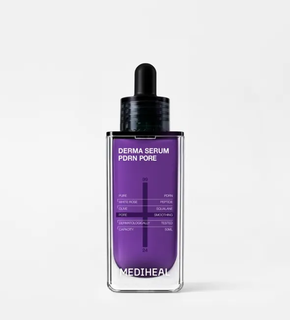 A square purple glass dropper bottle with a black dropper and white MEDIHEAL lettering, on a light grey background