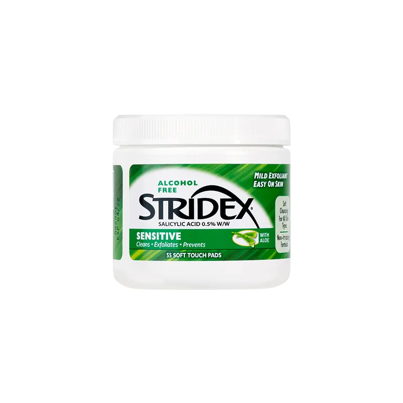 A white Stridex tub with a green Sensitive label, on white
