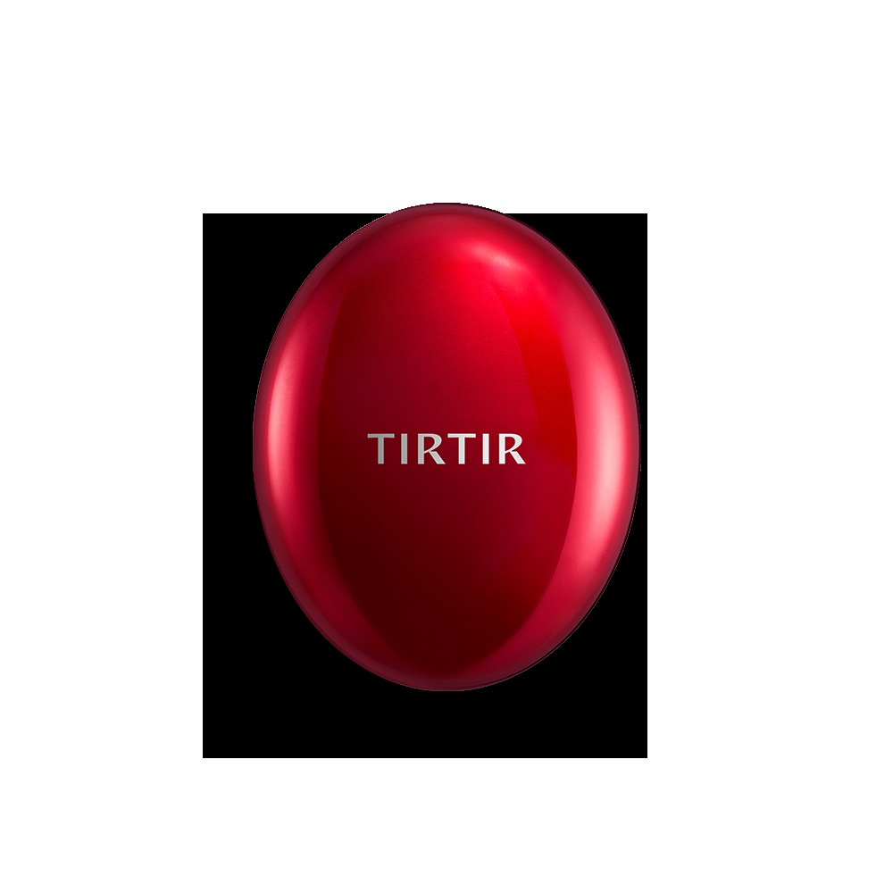 白底上黑色方塊中央，一個闔起的光亮紅色橢圓 TIRTIR 粉盒。