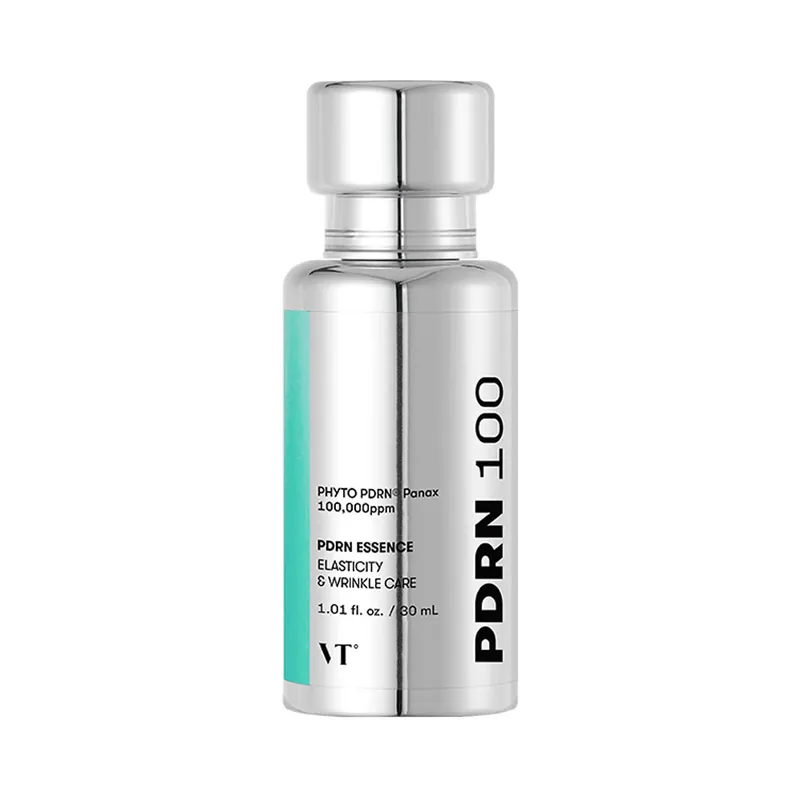 A mirror-silver VT bottle with a mint-green stripe and 'PDRN 100' printed down the side, on white